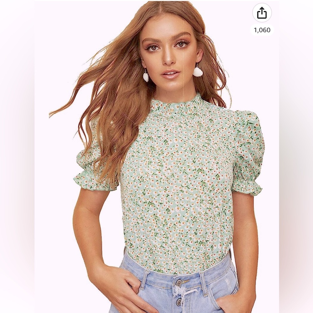 Green Floral Ruffle Sleeve Blouse size XL